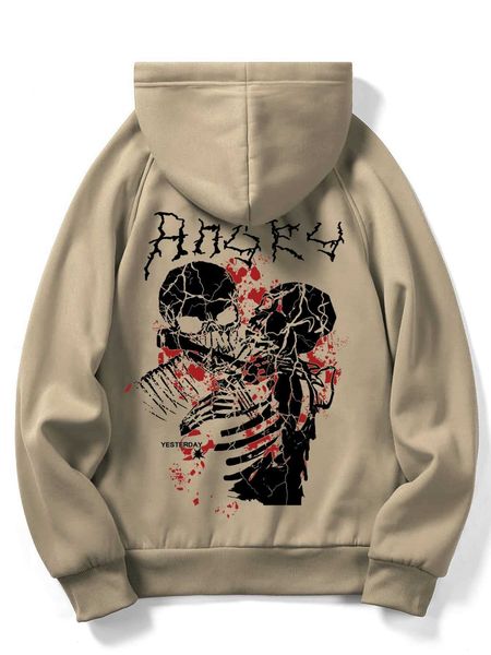 

men 's fashion romwe guys letter skeleton raglan sleeve drawstring hoodie, White;black