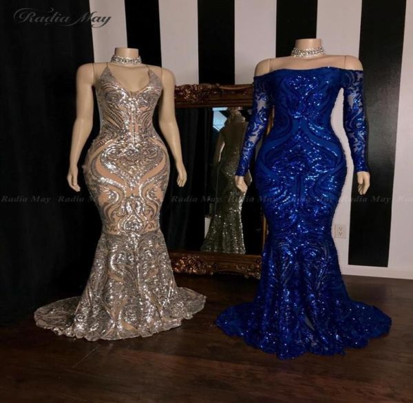 

2020 african sequined prom dresses off shoulder long sleeve sweep train evening gowns for plus size celebrity reflective dres1960677, Black