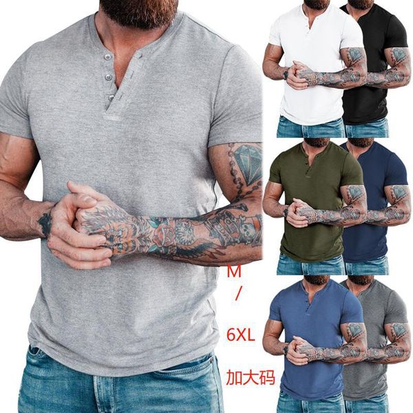

2023 men's t-shirts new europe and america summer leisure solid color short sleeve round neck pullover button henley male t-shirt, White;black
