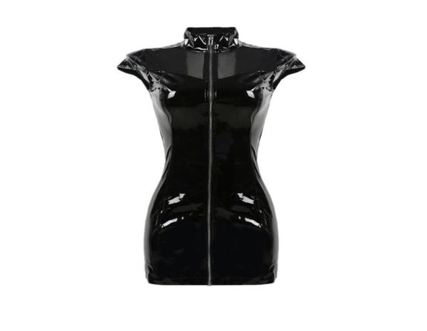 

nighty high collar pvc latex faux leather fetish gothic zipper woman mini lace up clubwear black pencil dress3721757
