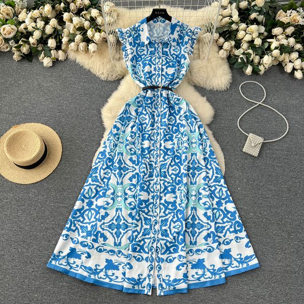

basic casual dresses summer fashion runway maxi dress women sleeveless ruffles single breasted belt blue flower print a-line party vestidos, Black;gray