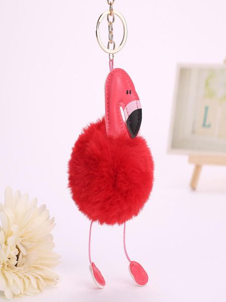 

flamingo keychain pu leather birds key chain pompom fur key holder cover women bag charm pendant accessories chaveiro4613213, Slivery;golden