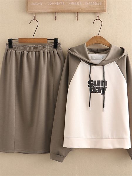 

women's plus size tracksuits twopiece set spring and autumn contrast color stitched hooded sweatshirt elastic waist kneelength skirt 23, Black
