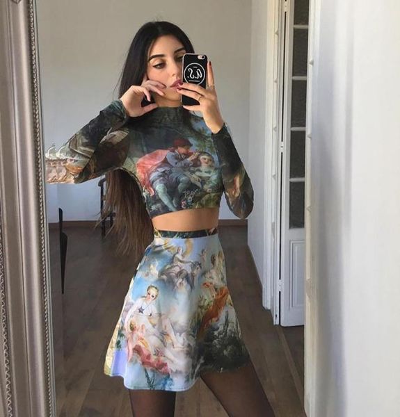 

new fashion retro oil painting print 2 pcs set long sleeve turtleneck cropped slim fitness t shirt women a line mini skirt1640127, Black;gray