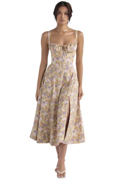 

women casual dresses spaghetti straps floral print halter square neck ruffle boho midi dress a-line split plus size s-5xl, Black;gray