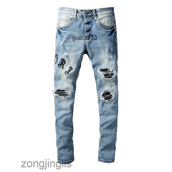

leather amirly designer pu men's jeans pants embroidered jeean 679 fashion personality brand ripped jeans patch men's slimming jea, Blue