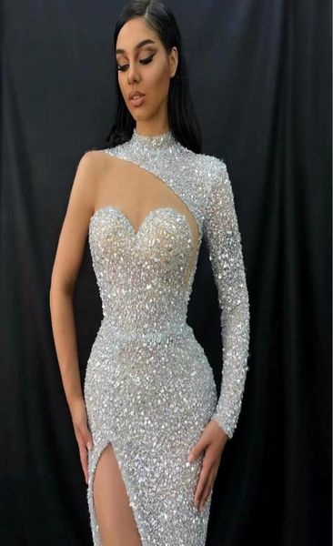 

sparkling sequins side split prom dresses 2023 high collar long sleeve women wear evening gowns cocktail dress2470687, White;pink