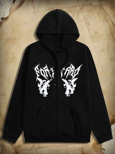 

men 's fashion academia guys letter graphic zip up hoodie, White;black