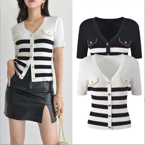 

708 2023 summer runway summer brand same style sweater striped short sleeve v neck white fashion clothes womens yl, White;black