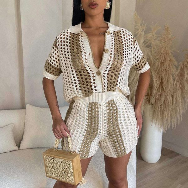 

women s pants clothing hollow out see through lapel knitted shorts suit, White