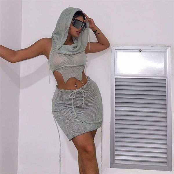 

wind summer women dress s clothing cutout knitted hooded high waist hip wrapped skirt suit for, White
