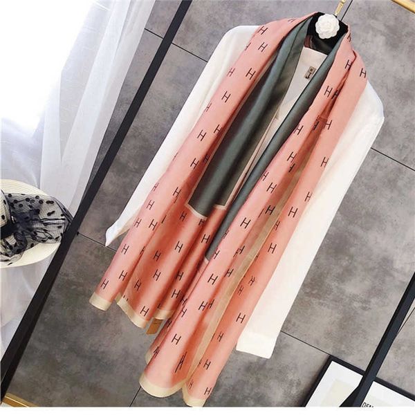 

new korean cotton linen female h letter messy silk autumn and winter warm printing scarf live broadcast dzmb, Blue;gray