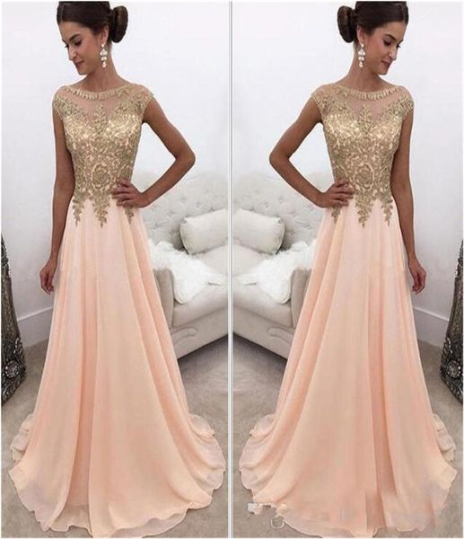 

2020 arab evening gowns a line formal wear sheer scoop neck chiffon long prom dresses with gold applique beads8492162, Black