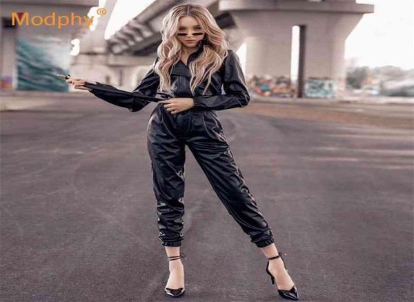 

winter pu artificial leather bodycon jumpsuit standup collar longsleeved zipper belt motorcycle 2105197814492, Black;white