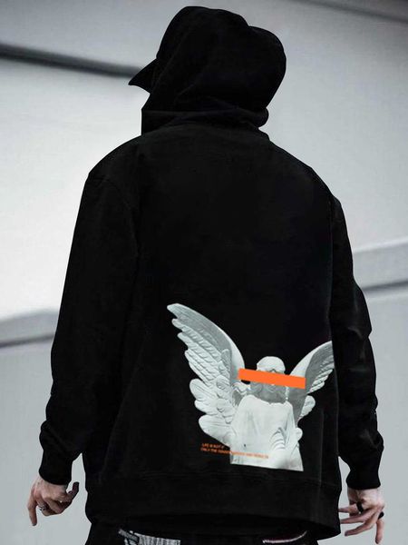 

men 's fashion emrg men slogan statue-of-liberty kangaroo pocket drawstring hoodie, White;black