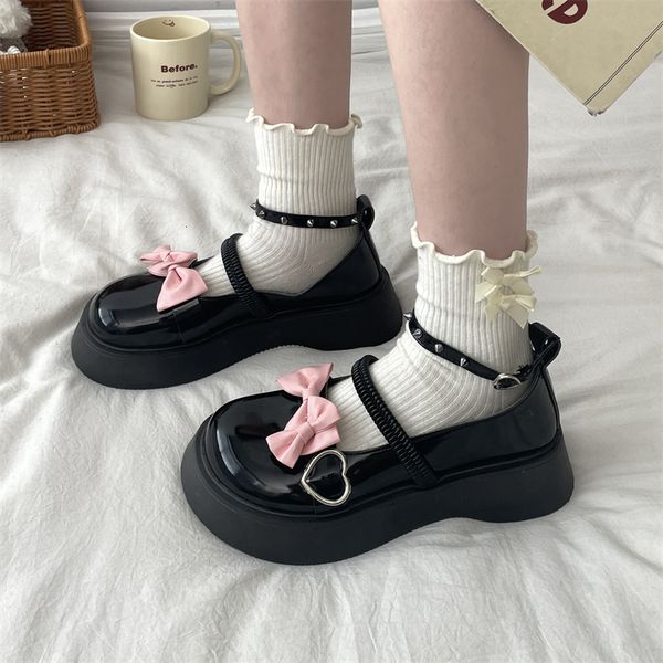 

dress shoes rimocy sweet bowknot flats shoes womens rivet ankle strap platform lolita shoes woman heart buckle thick bottom mary janes 23072, Black