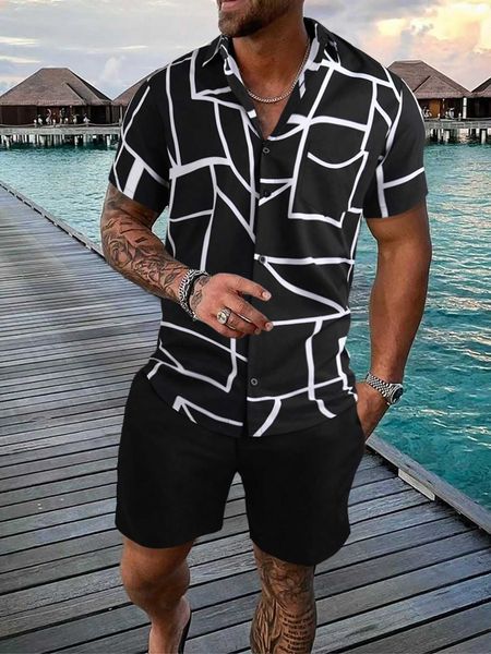 

men's clothing men geo shirt drawstring waist shorts, White;black