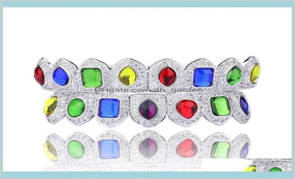 

colorful shiny teeth 18k gold plated macro pave cz iced out sets and bottom hip hop grillzs style pb29q grillz dental grills o6854532, Black
