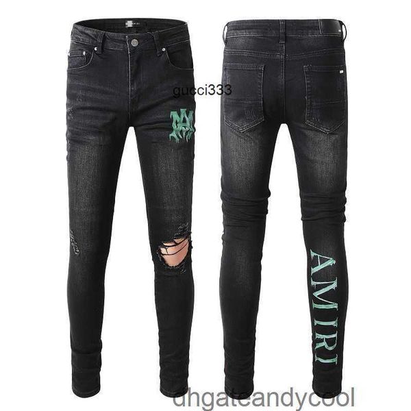 

slim letter amirly perforated denim wash jeans street single-knee designer print pants water man stretch new high jeans men ufik, Blue