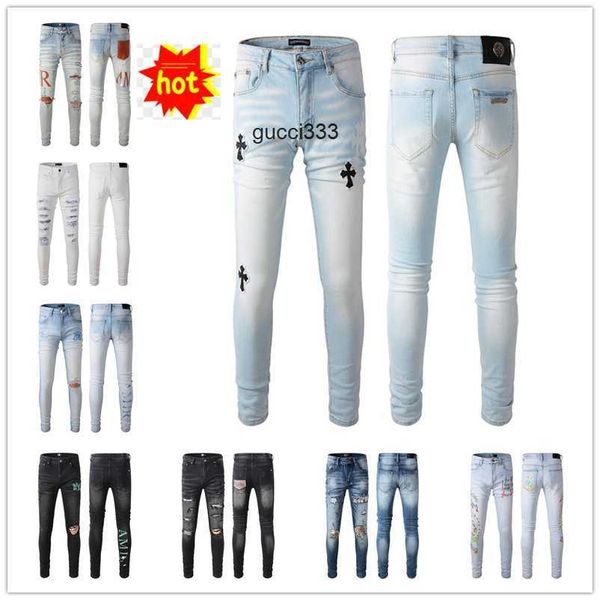 

hip amirly mens jeans distressed motorcycle biker jean rock skinny slim ripped hole letter brand hop denim pants, Blue