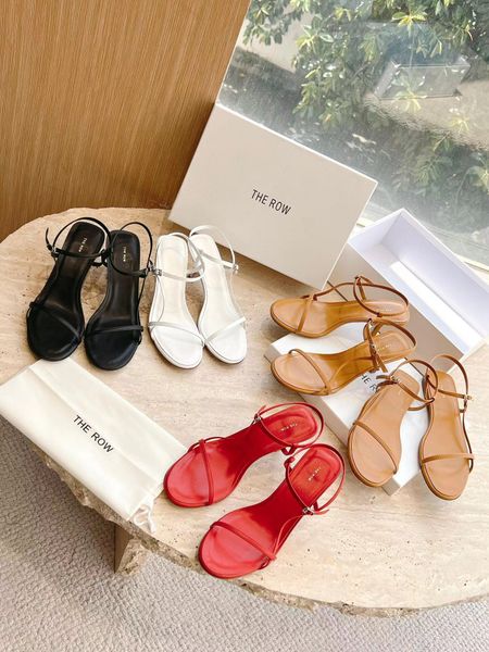 

the row designer leather sandals bare thin band sandals high heel elegant straps kitten heels slippers slides square toe fashion party weddi, Black