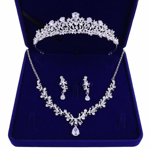 

highquality new bride crown tiara threepiece zircon necklace earrings princess birthday wedding with female accessories gift8127810, White