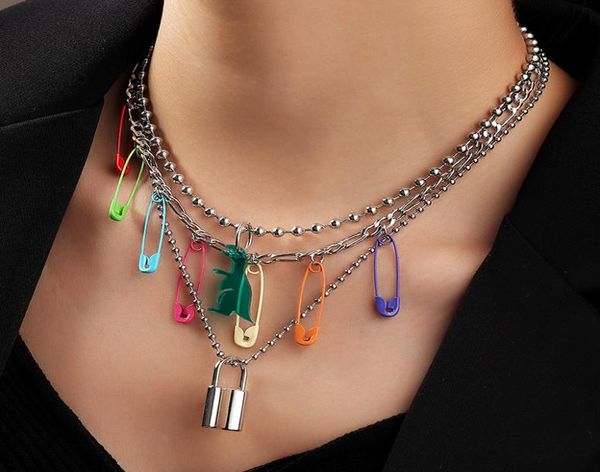 

new fashion personality colorflu pin necklace clavicle chain multilayer women round bead lock pendant necklace 1536210, Silver