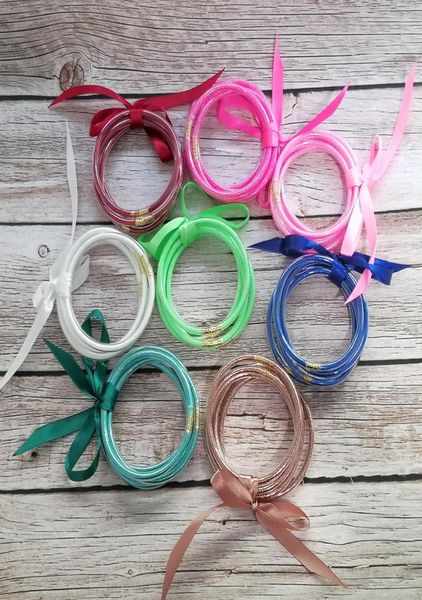 

65mm 5pcs set all weather glitter tube jelly bangle bracelet set women bowknot filled stacked jelly bangles bracelets summer jewe4070310, Golden;silver