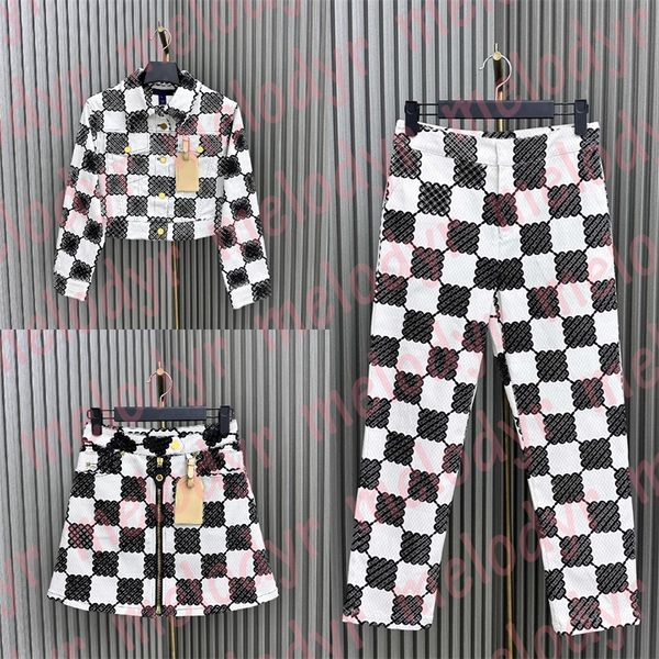 

womens plaid pants jacket set letter print denim a line skirts retro designer straight jeans denim dress coat sets, White