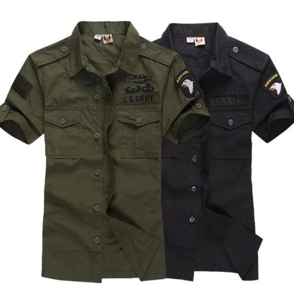 

plus size mens summer camouflage army green shirt men mlitary tactical 100 cotton shirt us airborne division 6593678, White;black