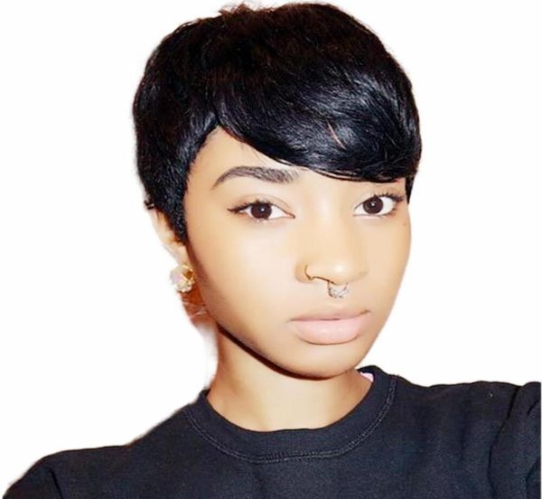 

pixie cut short bob wig human hair wigs for women full manchine made wig with bangs perruque cheveux humain9806330, Black;brown