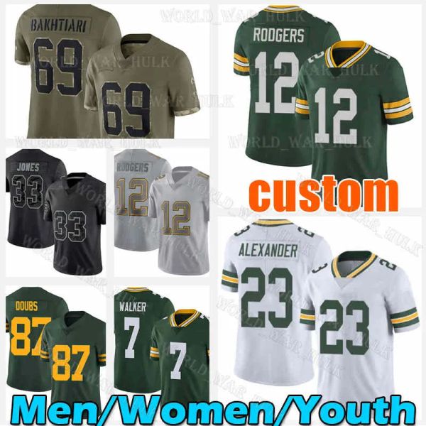

12 aaron rodgers jersey jaire alexander football green bayes packer romeo doubs aj dillon 7 quay walker jones allen lazard eric stokes rasha, Black;red