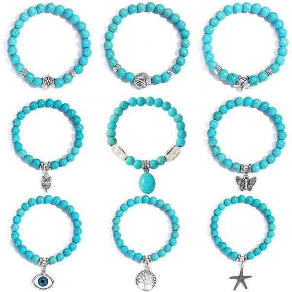 

bohemian natural stone beads bracelets lucky charm 8mm blue turquoises couple bracelets natural jewelry bracelet hand chain for women gifts, Black