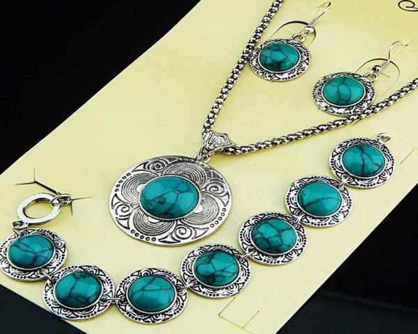 

mom gifts 2020 new antique silver 3pcs round turquoise earrings bracelet necklace women vintage jewelry set a10142675383