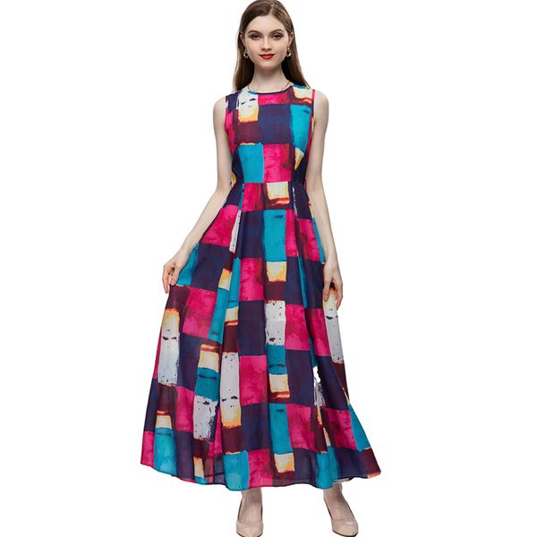 

women's runway dresses o neck sleeveless plaid color block high street fashion designer holiday vestidos, Black