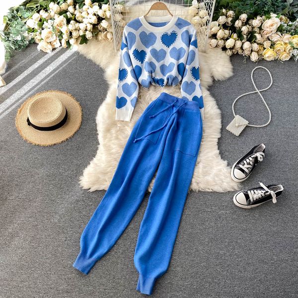 

women's two piece pants autumn winter women's tracksuit knitted harem lace up pocket pant set+peach heart pearls beading sweater c, White