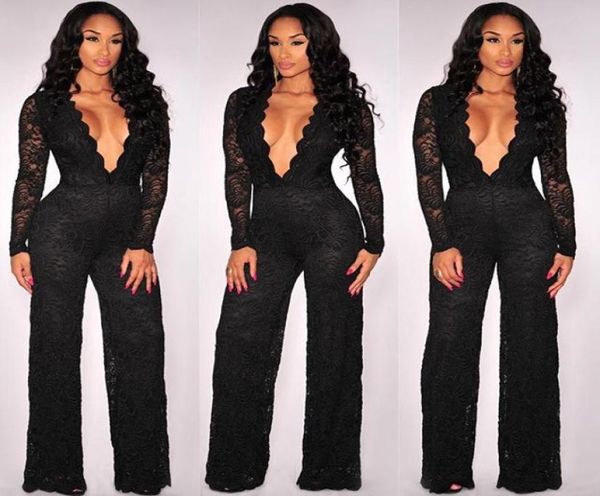 

whole 2016 fashion deep vneck black clairvoyant bodycon jumpsuit long sleeve fulllength lace rompers womens jumpsuit c2944371, Black;white