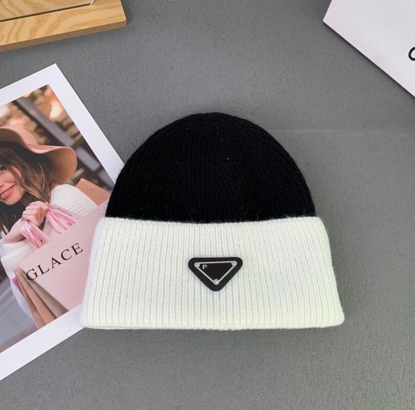 

classic designer men women autumn winter warm skull caps famous lady triangle mark brand letter print beanie candy color splice baseball hat, Blue;gray