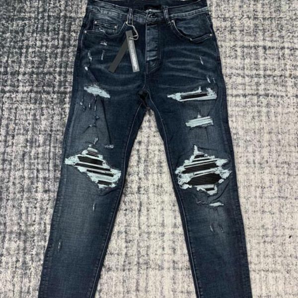 

pants blue washed holes patchwork leather slim fit jeans men, Black;brown