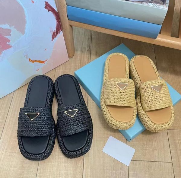 

women's platform slippers designer gladiator raffia woven slippers summer outdoor beach shoes sandals fashion women luxury handmade str, Black