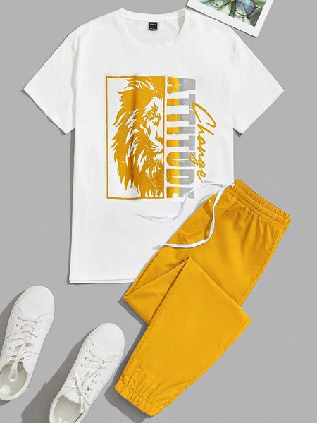 

men's clothing hypemode men lion letter drawstring waist pants, White;black