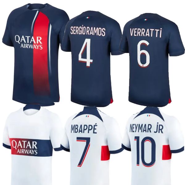 

23 24 mbappe soccer jerseys hakimi home away psgs maillots de football shirt marquinhos verratti icardi sergio ramos men kids kit uniform ho, Black;blue