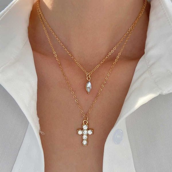 

cute iced out cubic zirconia ins double cross layered necklace korean simple water drop cz zircon gold color aesthetic pendant chain jewelry, Silver