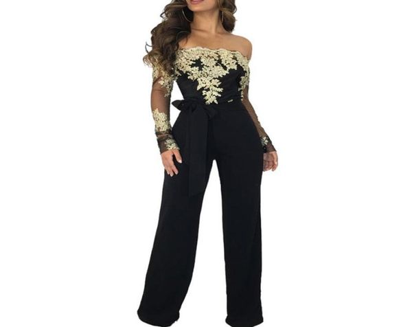 

women039s jumpsuits rompers elegant off the shoulder lace jumpsuit women floral embroidery mesh long sleeve romper wide leg p7853437, Black;white