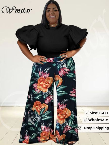 

women's plus size tracksuits wmstar two piece set women 2023 solid shirts and print pants pockets wide leg fashion matching suit drop, Black