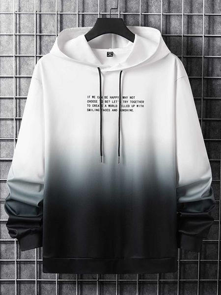 

men 's fashion emrg men ombre slogan graphic drawstring hoodie, White;black