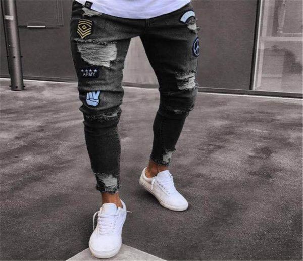 

2020 new brand designer slim fit ripped jeans men histreet mens distressed denim joggers knee holes washed destroyed jeans8793215, Blue