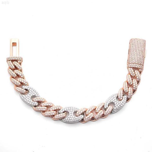 

15mm rose gold 2 tone pig nose fine jewelry s925 silver cuban link chain bracelet vvs1 moissanite necklace iced out bracelet