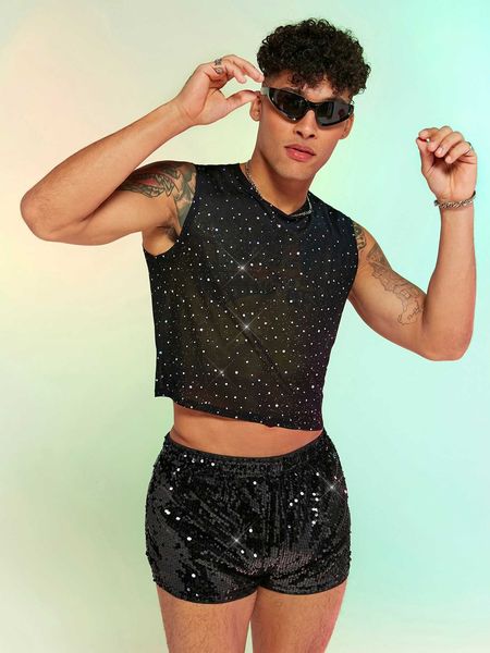 

men's clothing fever city men rhinestone mesh sequin shorts, White;black