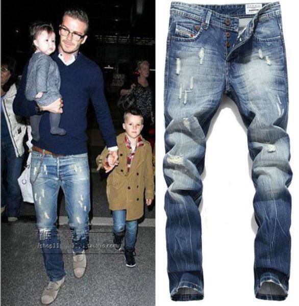 

fashionmens fake designer clothing jeans ripped straight long jeans fashion trousers male clothing pants5528247, Blue